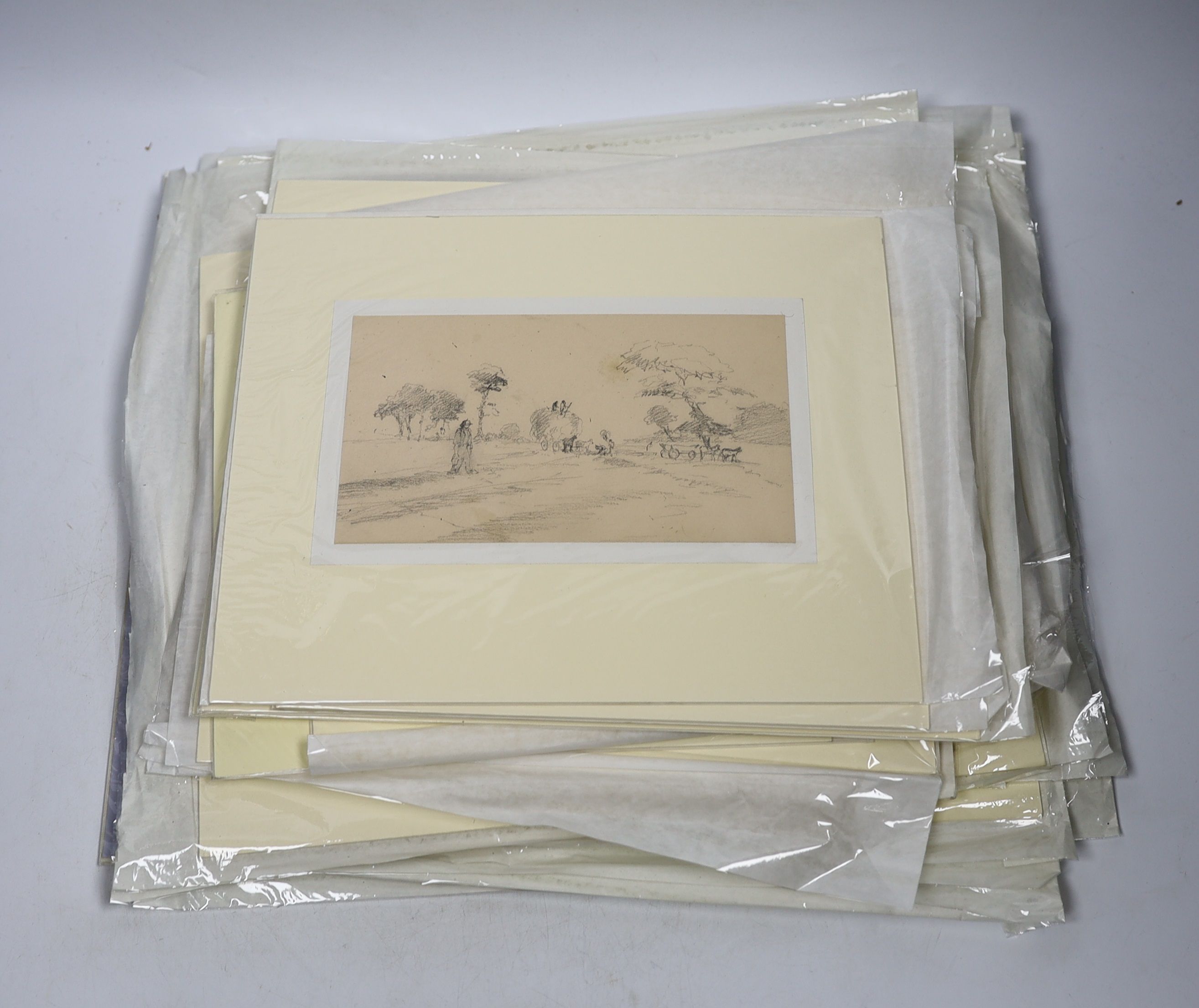 Twenty-three 19th century and later pencil, ink and watercolour sketches, Landscapes and architectural designs, including examples by Edward Goodall, unframed, largest 15.5cm x 20.5cm